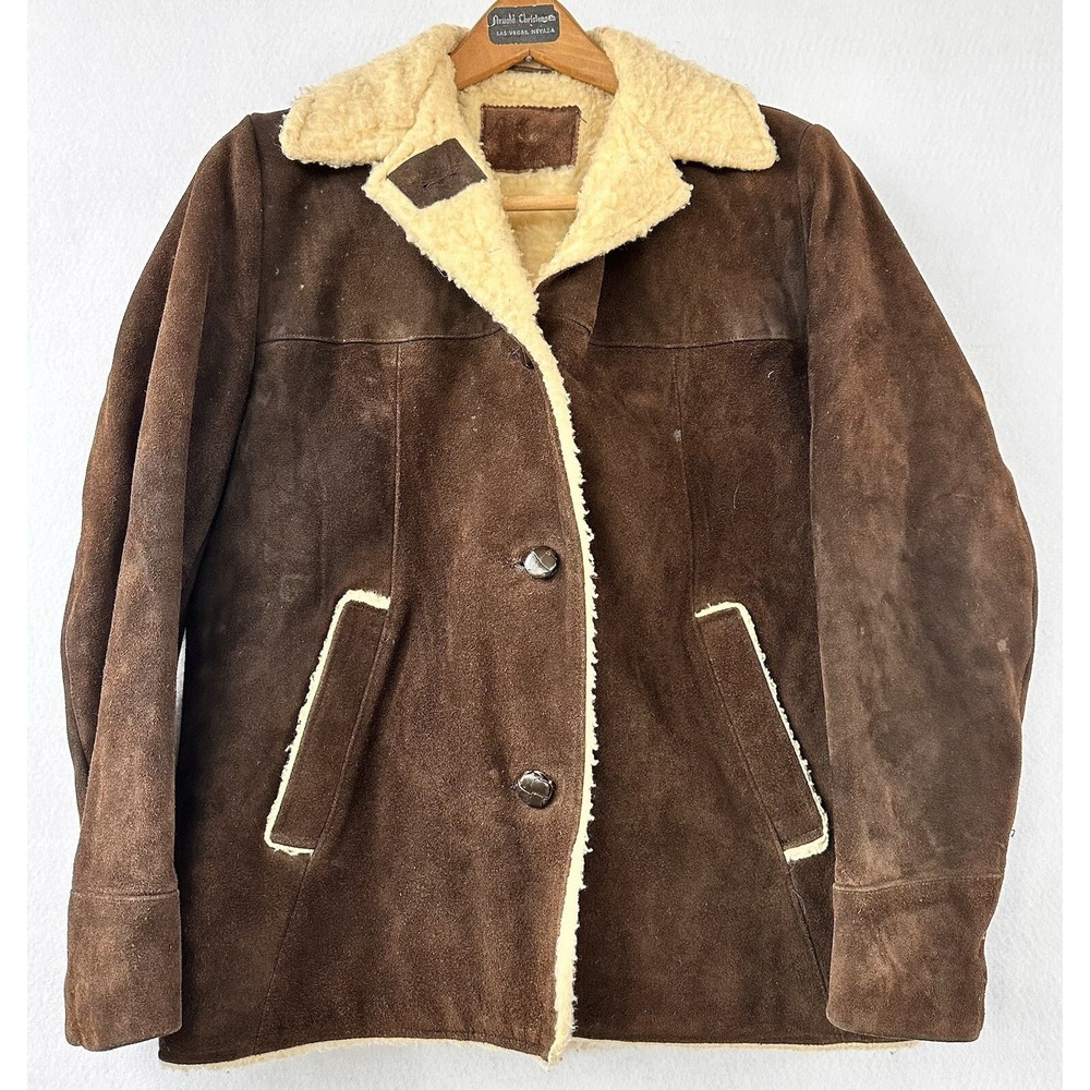 VTG Suede Shearling Coat Jacket Women's Sz Medium Brown Retro